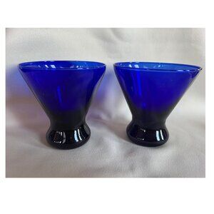 2 PCs Libbey Cobalt Blue Lowball Stemless Cocktail Martini Glasses Barware 4”